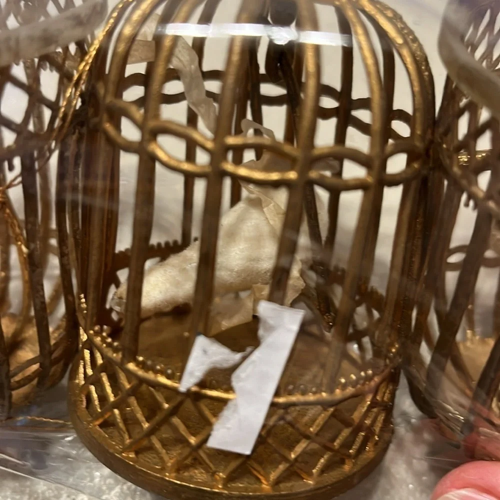 Double Glo MCM Flocked Dove Bird in gold Cage Ornaments VTG Set of 3